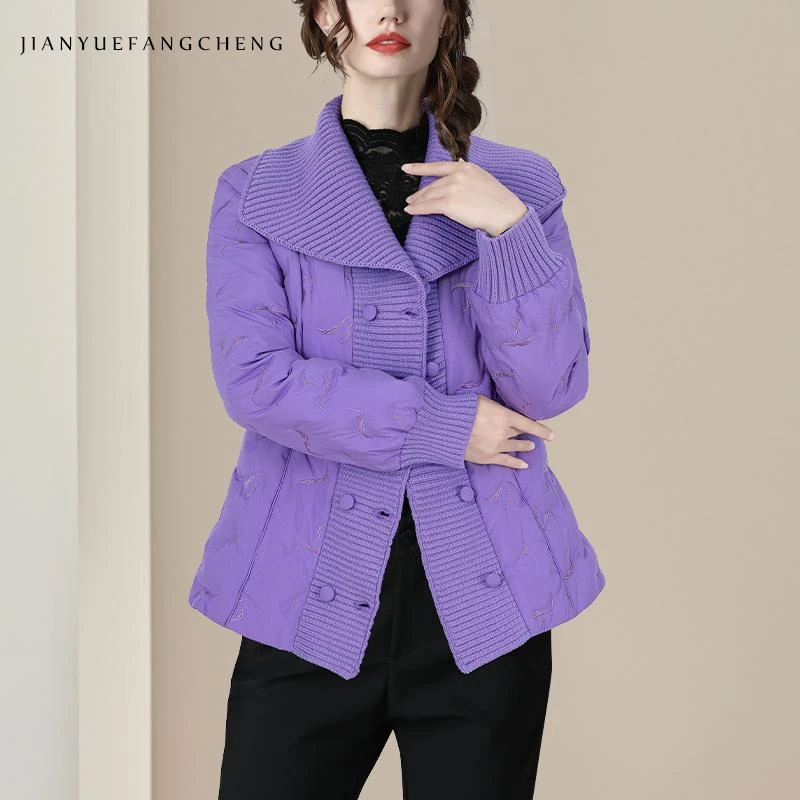 秋冬针织紫色白鸭绒羽绒服外套女设计感保暖轻薄羽绒衣WH245077
