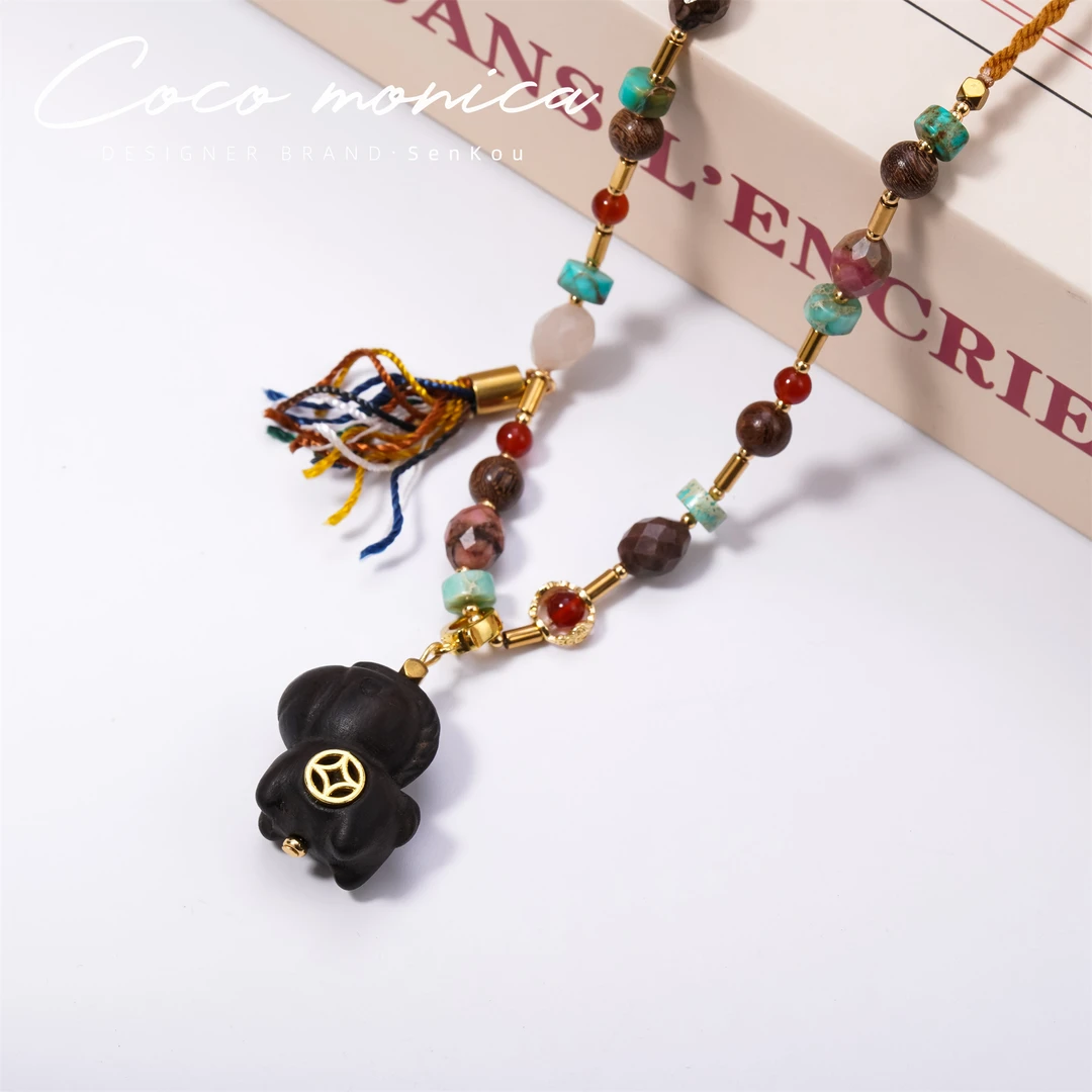 【小霞珠宝】天河石黑花梨项链手工时尚黑马小马设计中古 AE462