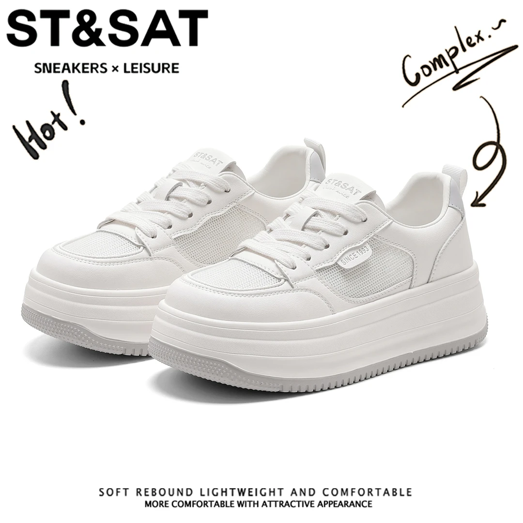 星期六真皮爆款舒适小白鞋女透气软底松糕跟增高板鞋出游百搭鞋子