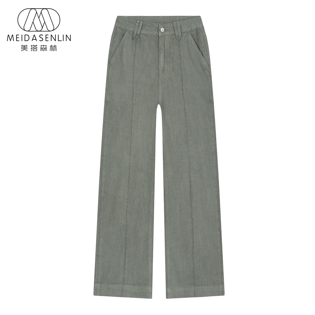 2025汉麻登场-翠绿色 白色无弹牛仔裤女16206