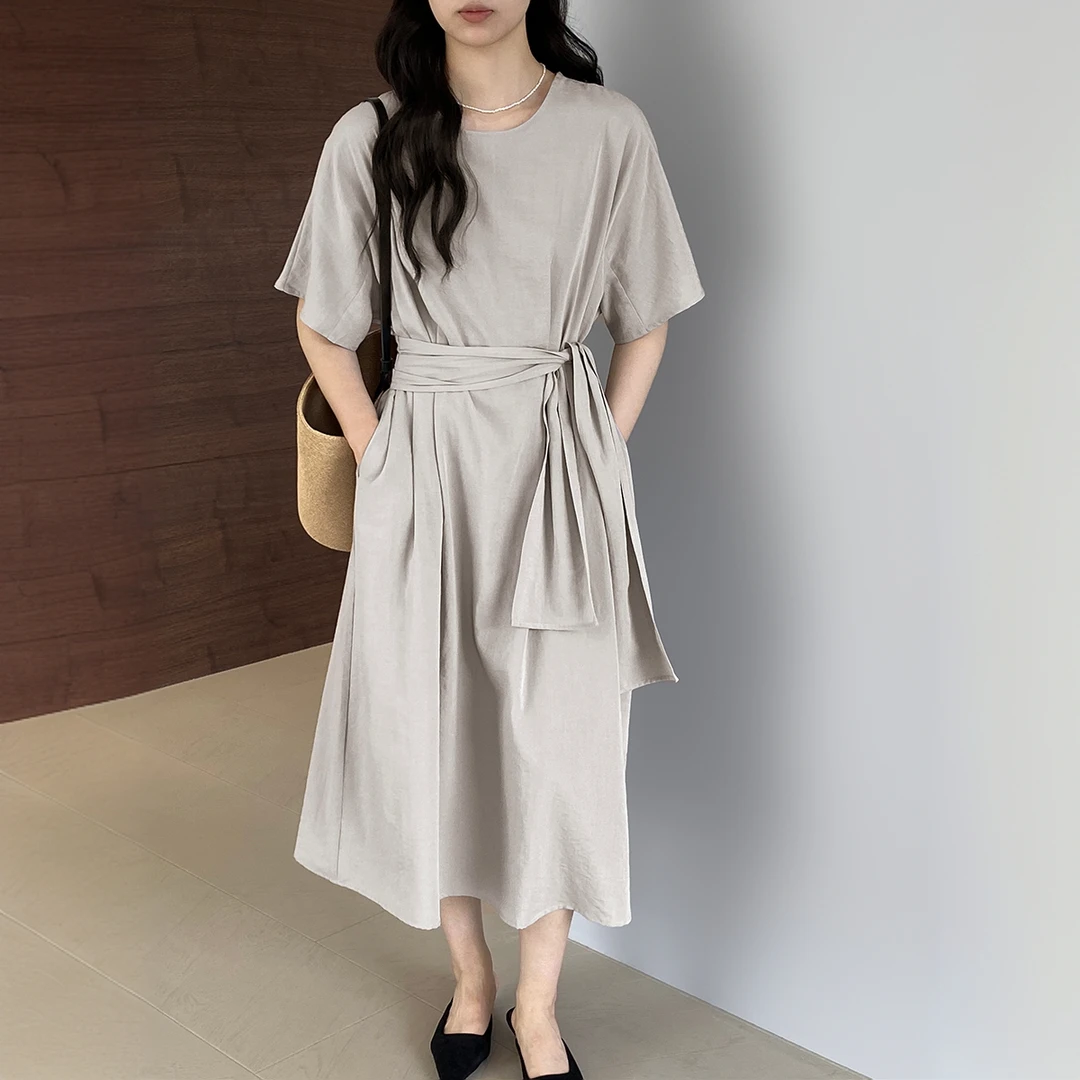 2025老钱风女装短袖系带收腰连衣裙女夏高级感韩系气质显瘦裙子