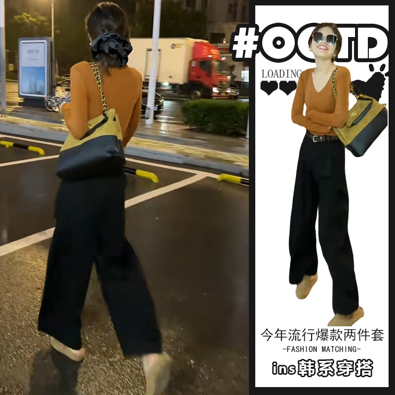 甜酷风独特洋气两件套春秋时尚辣妹修身长袖上衣高腰休闲裤潮