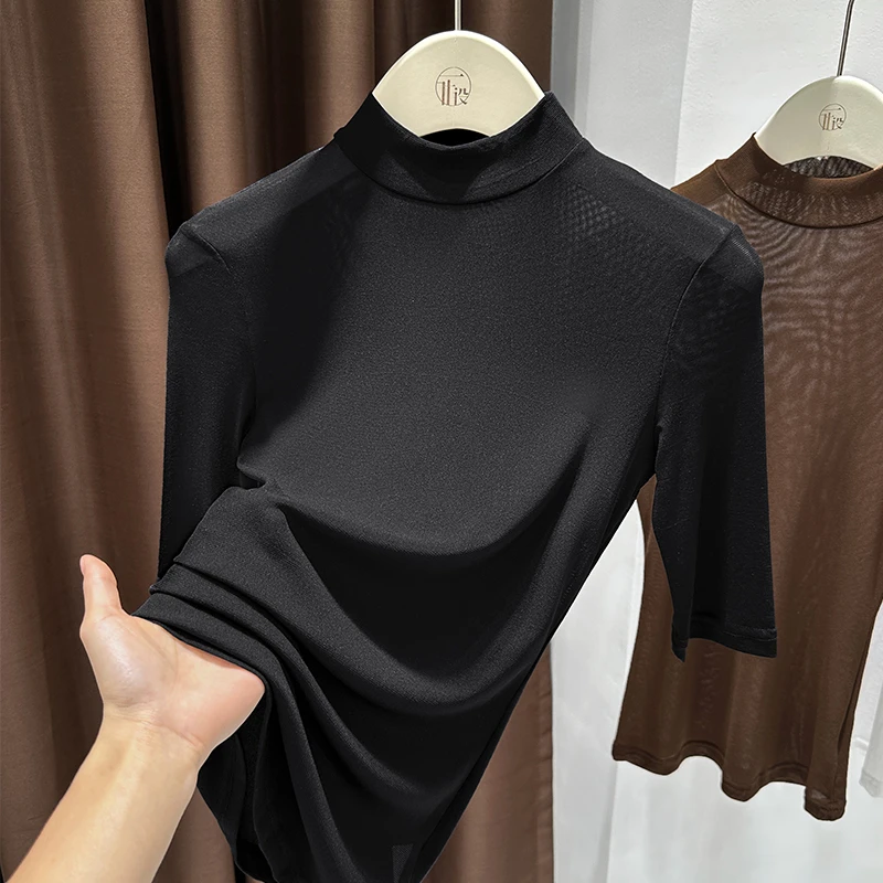 纯色韩系半高领收腰显瘦高级感中袖T恤2025夏季新款百搭简约上衣