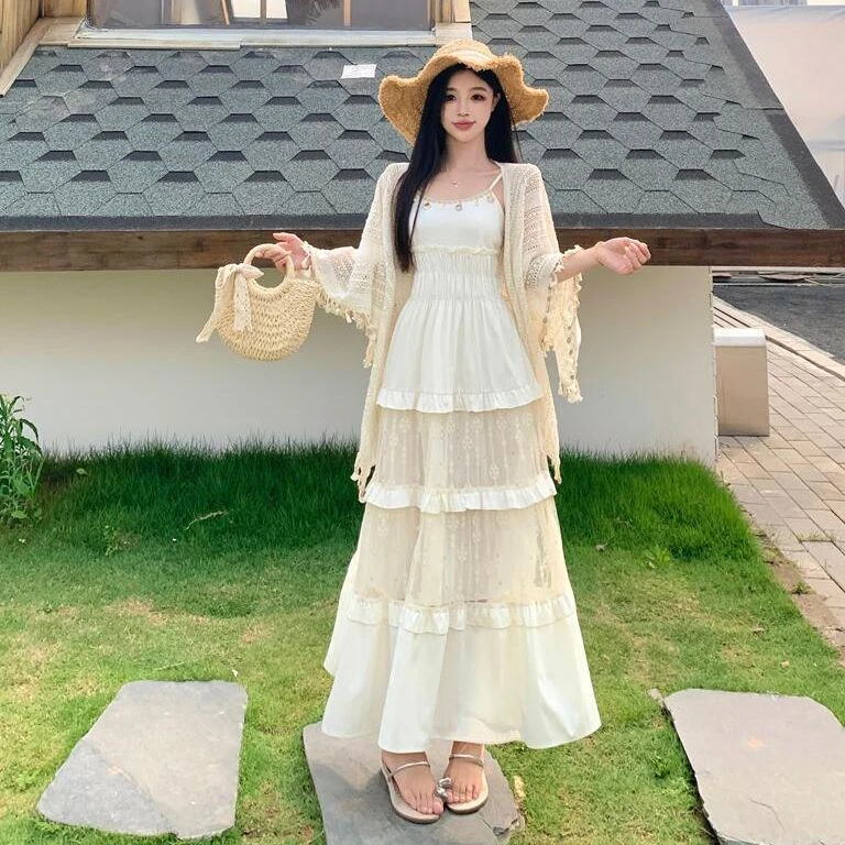 胖颖专属大码夏季新款法式浪漫油画氛围连衣裙+开衫套装5777