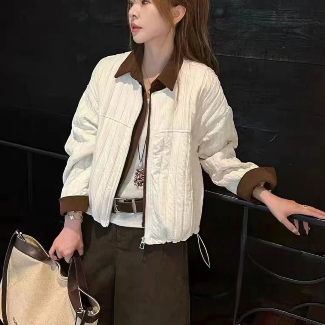 2025秋冬季新款女士假两件翻领撞色棉服外套休闲短款夹棉加厚上衣