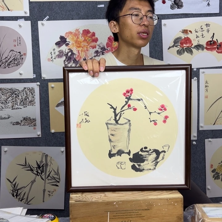 国画纯手绘梅花茶壶清供图【41*41】送框