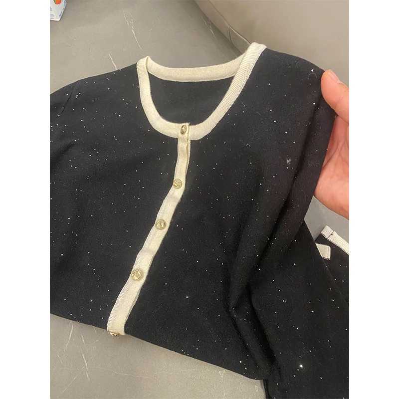 春季新款星空亮片撞色圆领针织开衫女外搭上衣外套-9681