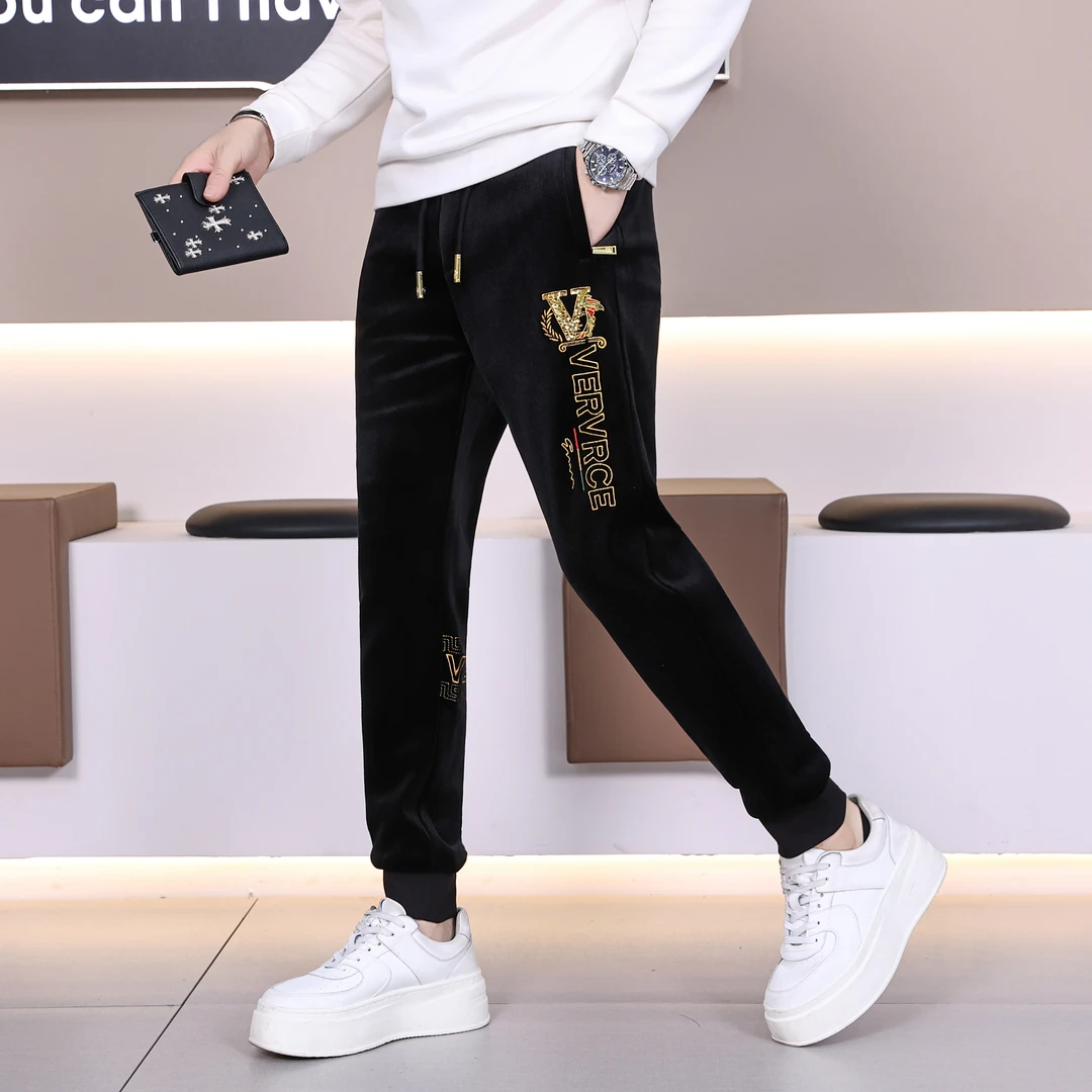 2025年冬季男士加绒加厚休闲裤时尚百搭潮流保暖修身刺绣字母图案