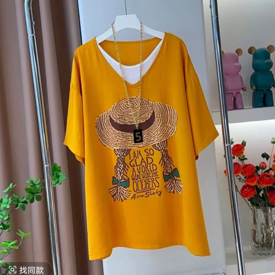白胖美7053 草帽图案设计短袖T恤夏季宽松大版显瘦减龄中长款
