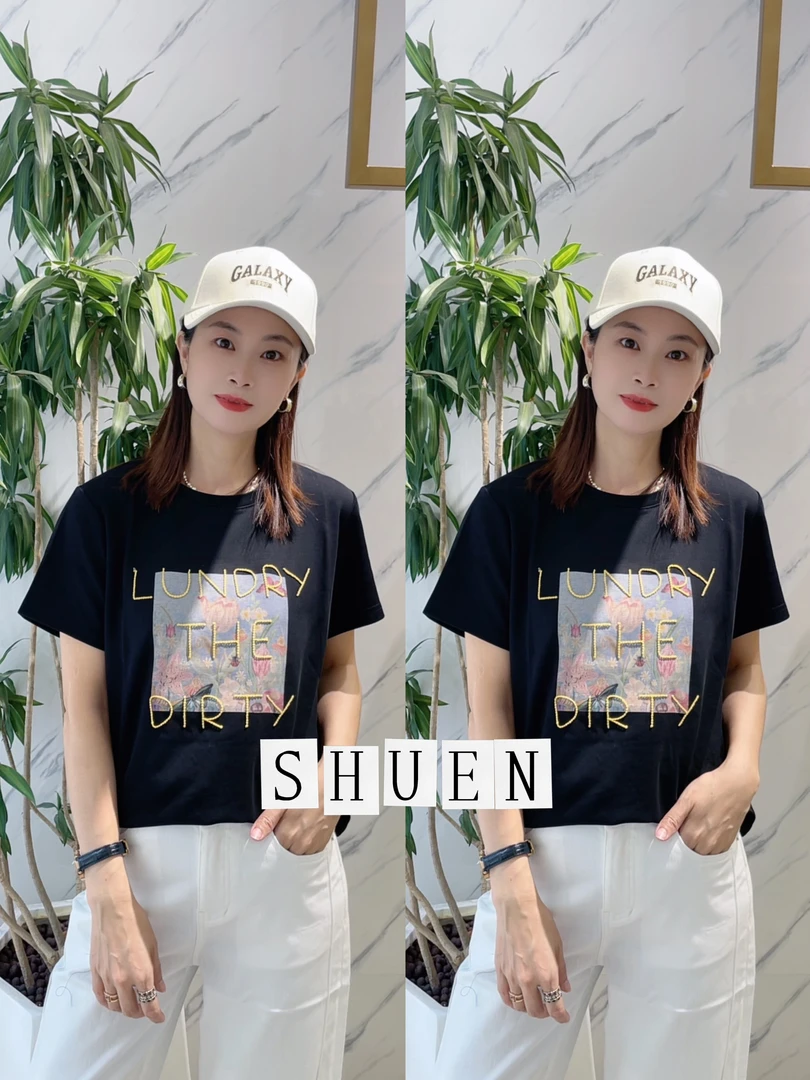 【述恩推荐】2025夏季新品短袖圆领宽松上衣字母印花彩色百搭