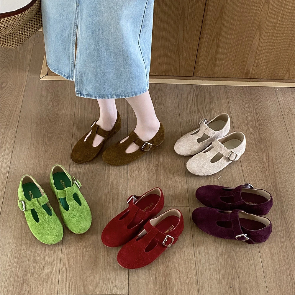 头层牛皮真皮手工拉毛T字勃肯舒适百搭玛丽珍一字带平底单鞋120-3