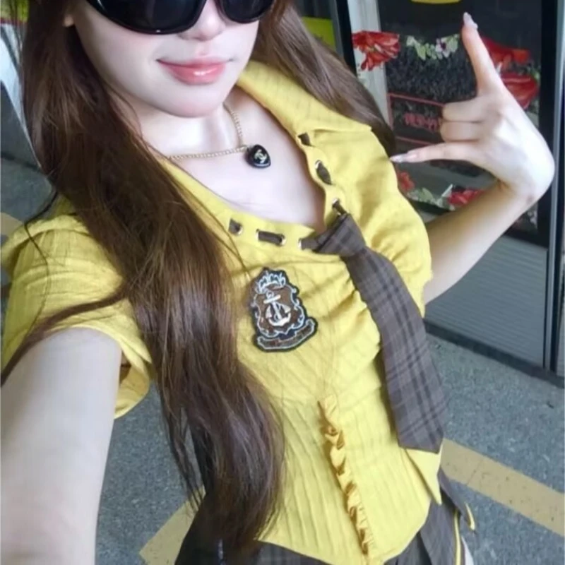 纯欲美式jk制服两件套女夏季收腰设计衬衫高腰格纹百褶半身裙套装