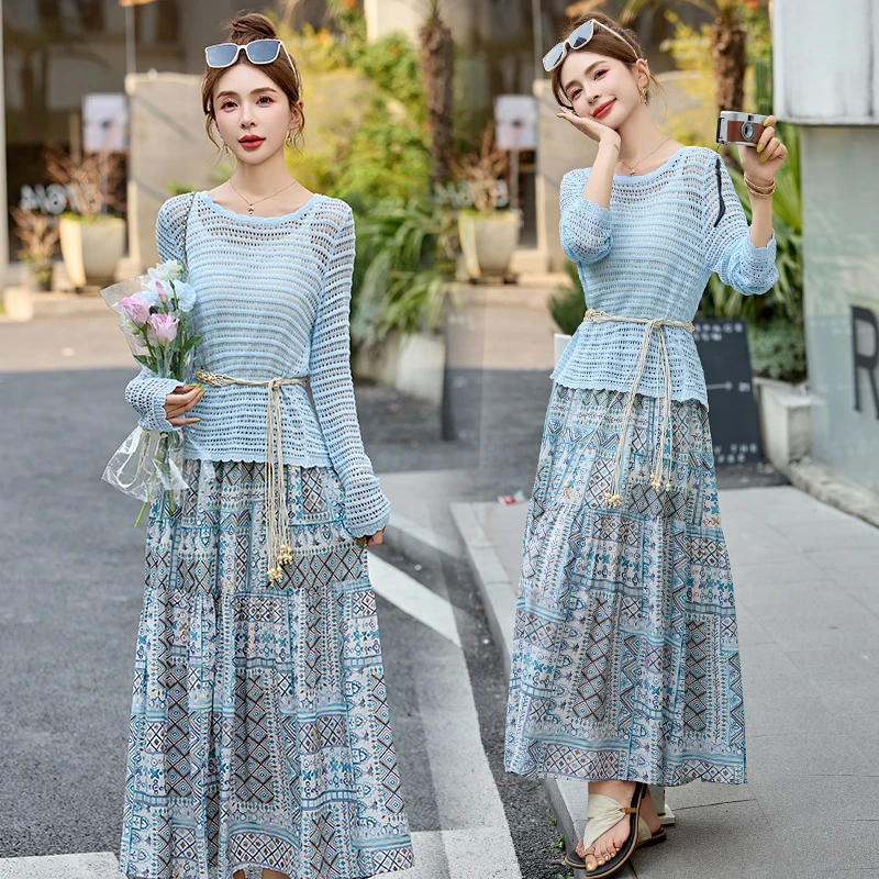 复古民族风碎花裙套装女2025夏季新款防晒罩衫时尚出游穿搭三件套