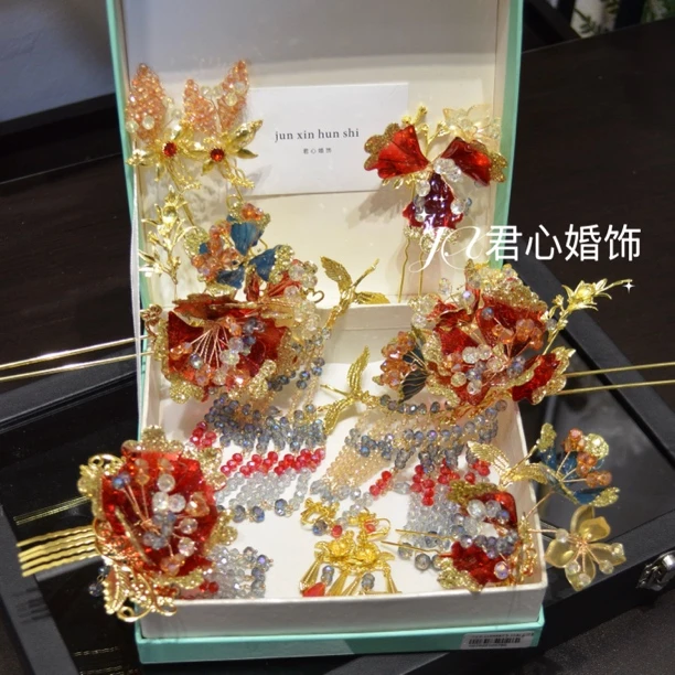 君心家 深红色造液水晶流苏发簪后压额饰九件套新娘减龄重工头饰