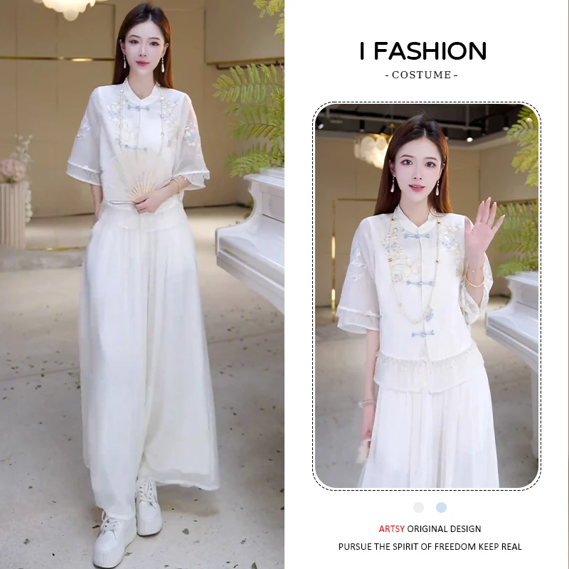 时尚文艺风套装女2026夏季新款洋气百搭显瘦盘扣上衣阔腿裤两件套