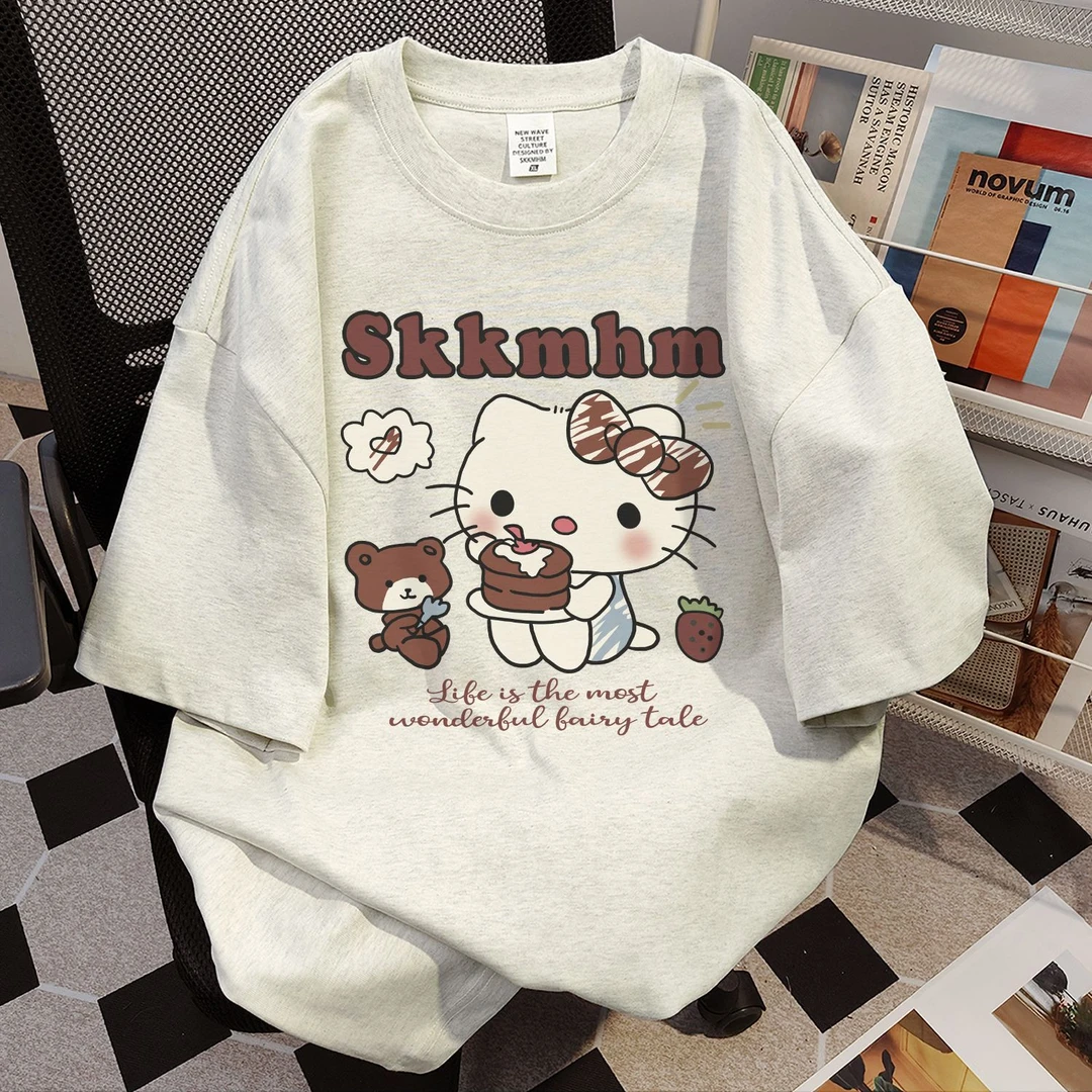 100%纯棉凯蒂猫字母印花短袖t恤女夏季宽松可爱学生韩版圆领上衣
