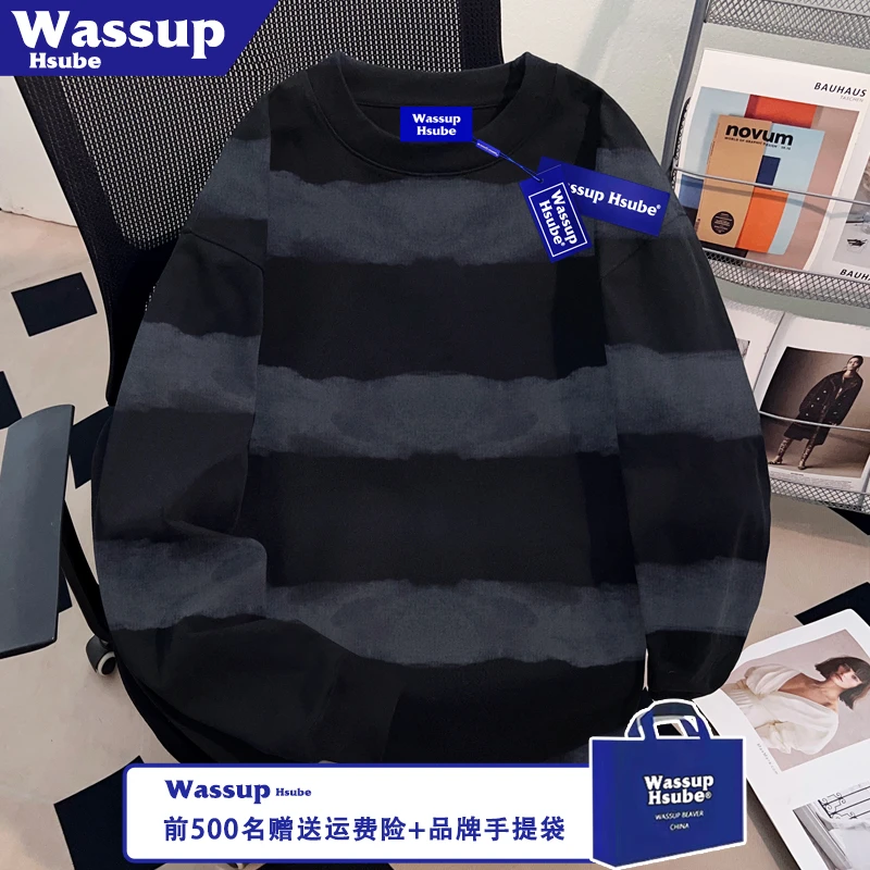WASSUP HSUBE时尚中性上衣秋季纯棉长袖男女条纹T恤潮流风舒适T恤