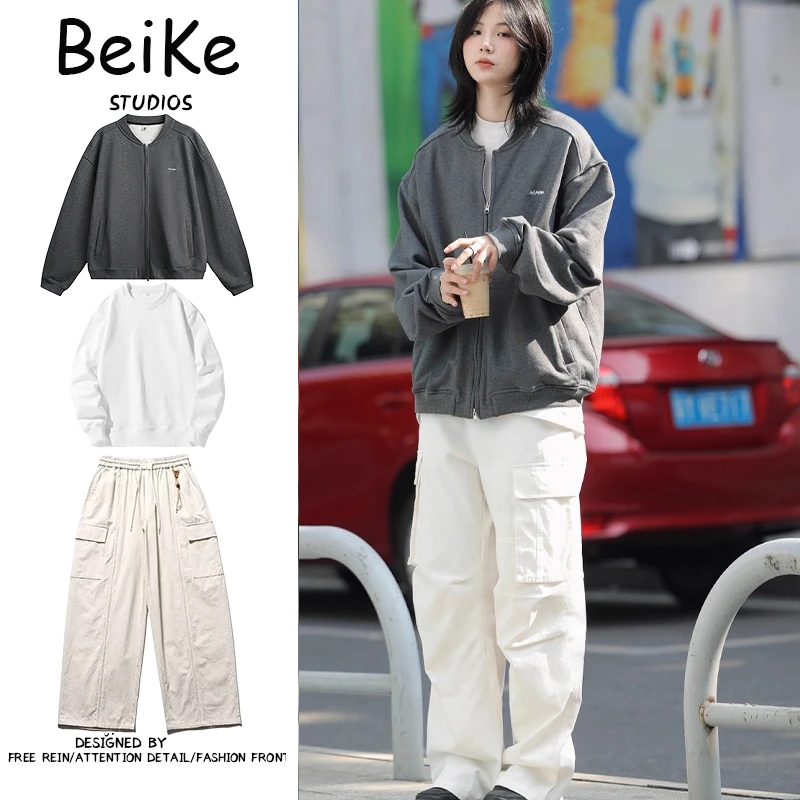 三件装/日系复古字母刺绣拉链开衫夹克男女生棒球领宽松休闲外套