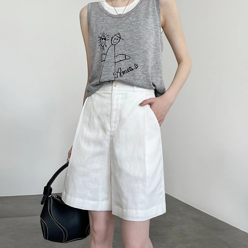 亚麻短裤女夏2025新款老钱风宽松休闲高腰a字百搭阔腿天丝五分裤