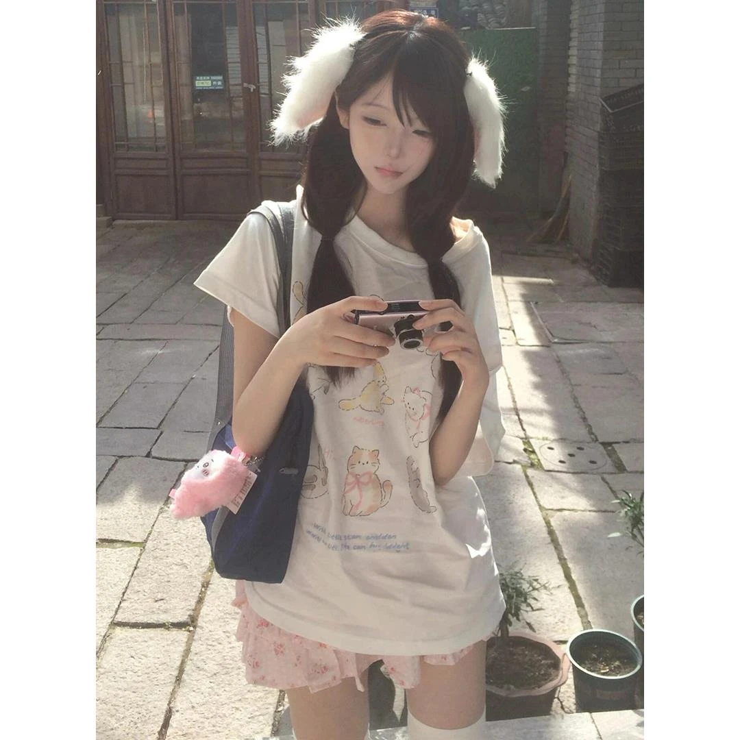 2025新款可爱卡通短袖t恤女夏季宽松oversize原宿风休闲百搭上衣