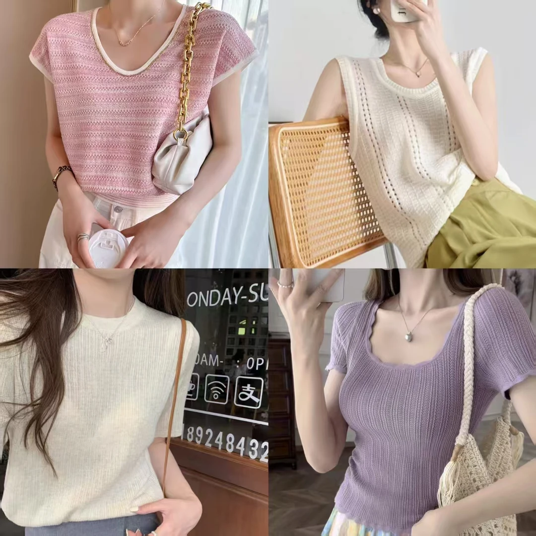 2【1-600】女装夏季 网红气质宽松圆领慵懒风针织衫显瘦短袖洋气