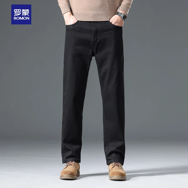 Romon/罗蒙秋冬商务男士牛仔裤直筒中年宽松修身弹力百搭休闲裤男