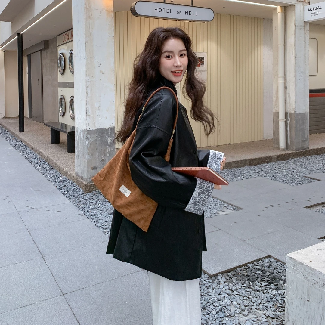 蕾丝拼接黑色皮衣外套女2025春季新款美式复古休闲酷飒风pu皮夹克