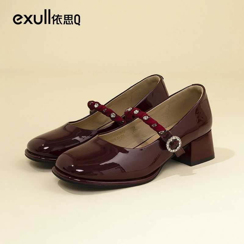 依思Q粗跟单鞋女2025新款夏季轻便舒适婚宴红色玛丽珍鞋小皮鞋女