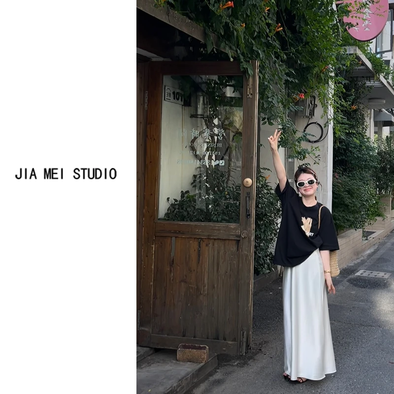 C221好看的夏装韩风chic整套黑色薯条印花短袖t恤半身裙两件套女