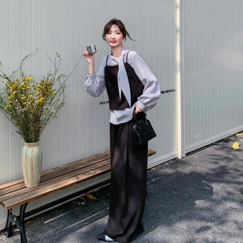 复古韩系套装裤女2025早春新款氛围感通勤风吊带衬衫阔腿裤三件套