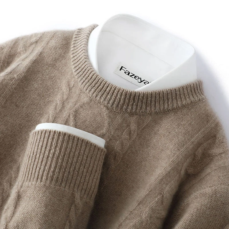 早晚都要拍！纯羊绒衫男圆领加厚针织衫套头纯色休闲绞花针织毛衣