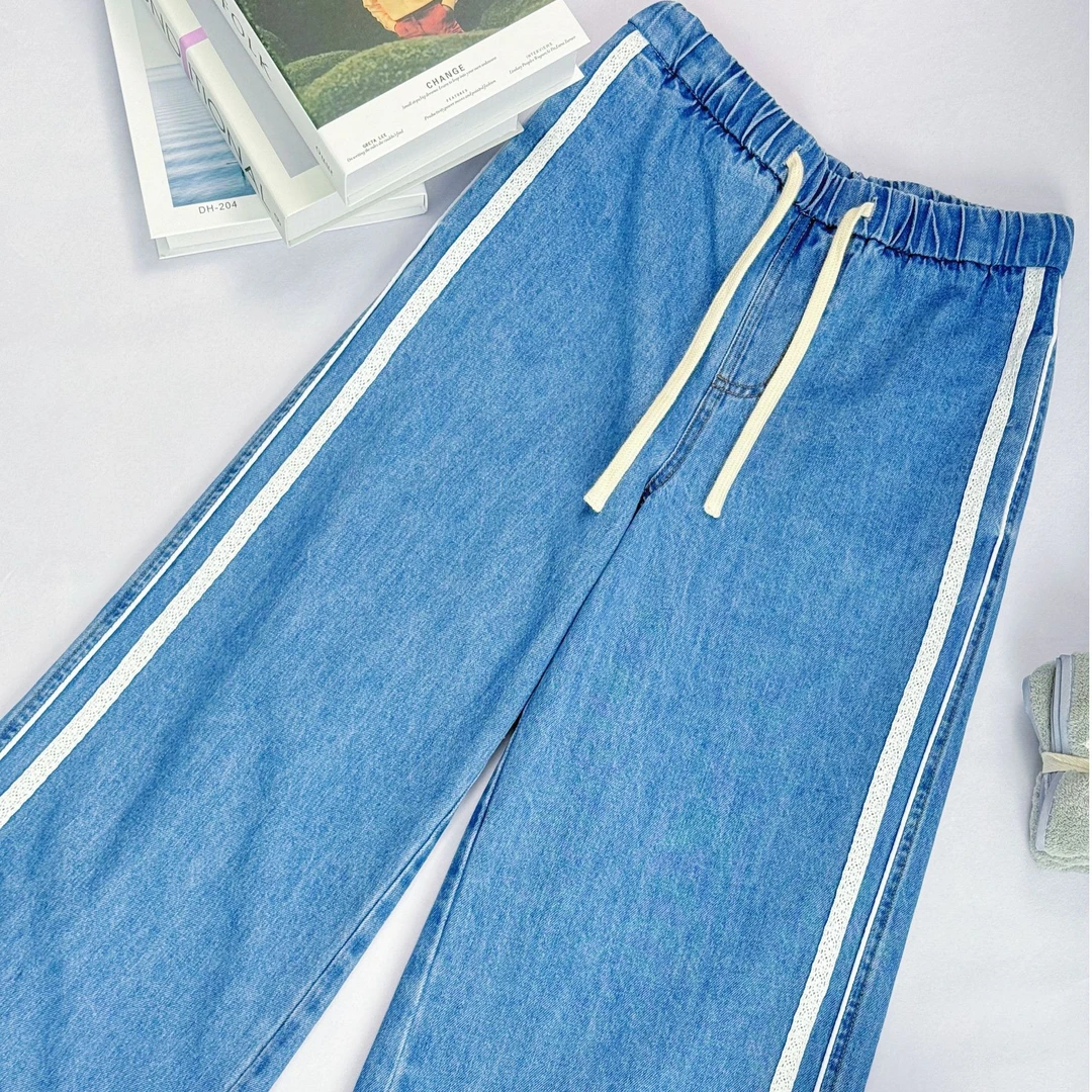 WY2025春季新品女装欧若风蕾丝拼接松紧腰抽绳牛仔裤阔腿裤