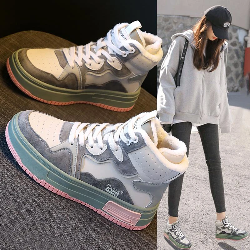 高帮女鞋子秋冬季加绒2025新款厚底板鞋休闲运动时尚保暖棉鞋