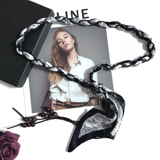 丝巾串木珠辫子腰带女款简约百搭拼色腰绳配裙民族风编织皮带装饰