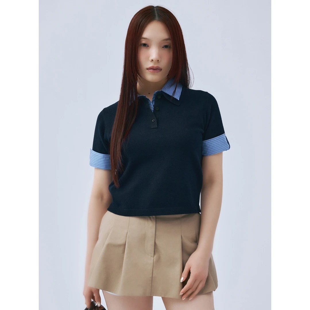 【胖虎家】夏季新款 E 复古翻领短袖POLO衫短款修身拼接显瘦T恤