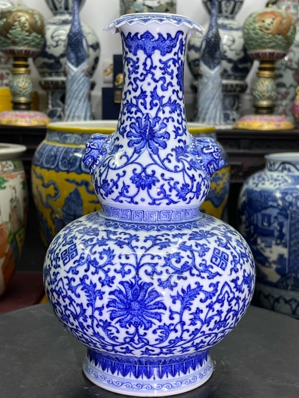 吉祥如意手工福禄寿兽耳复古葫芦瓶陶瓷青花瓷
