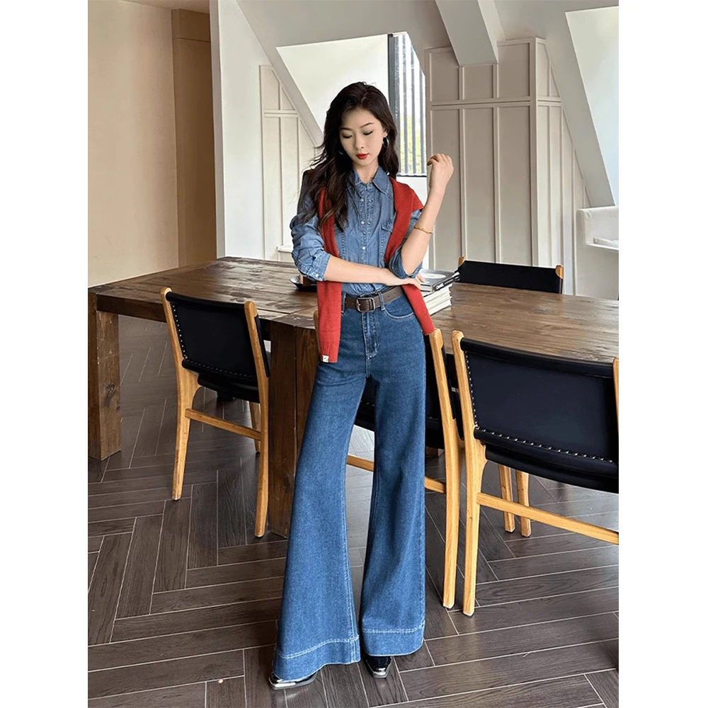 港风复古设计感深蓝色大喇叭牛仔裤女2024春秋季高腰垂感拖地阔腿