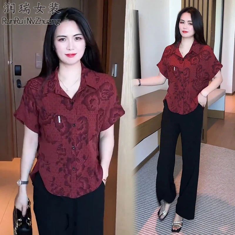 2025洋气减龄时尚套装女夏季新款妈妈装宽松短袖衬衫阔腿裤两件套