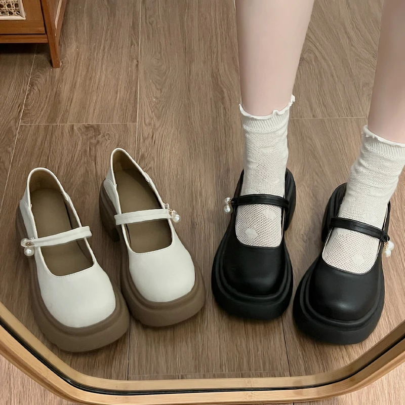 法式圆头白色厚底小皮鞋女2025春季新款百搭配裙子复古玛丽珍单鞋
