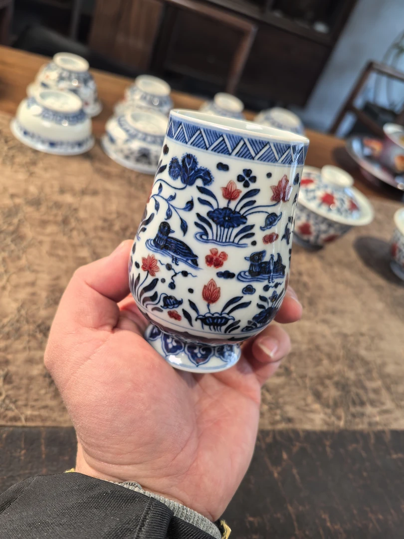 屹朴堂釉里红陶瓷主人杯缠枝复古鸳鸯凯恩杯