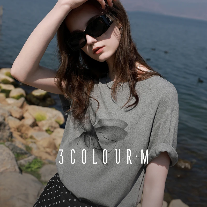 三彩2025夏季新款休闲印花T恤圆领宽松落肩袖灰色上衣套头简约女M