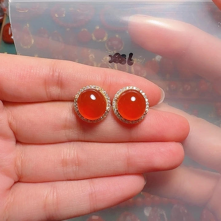 南红玛瑙银S925镶嵌耳饰