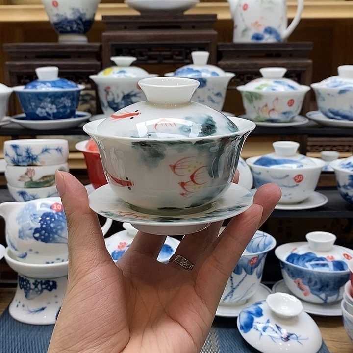 手绘水墨荷花盖碗釉下彩微瑕福利款