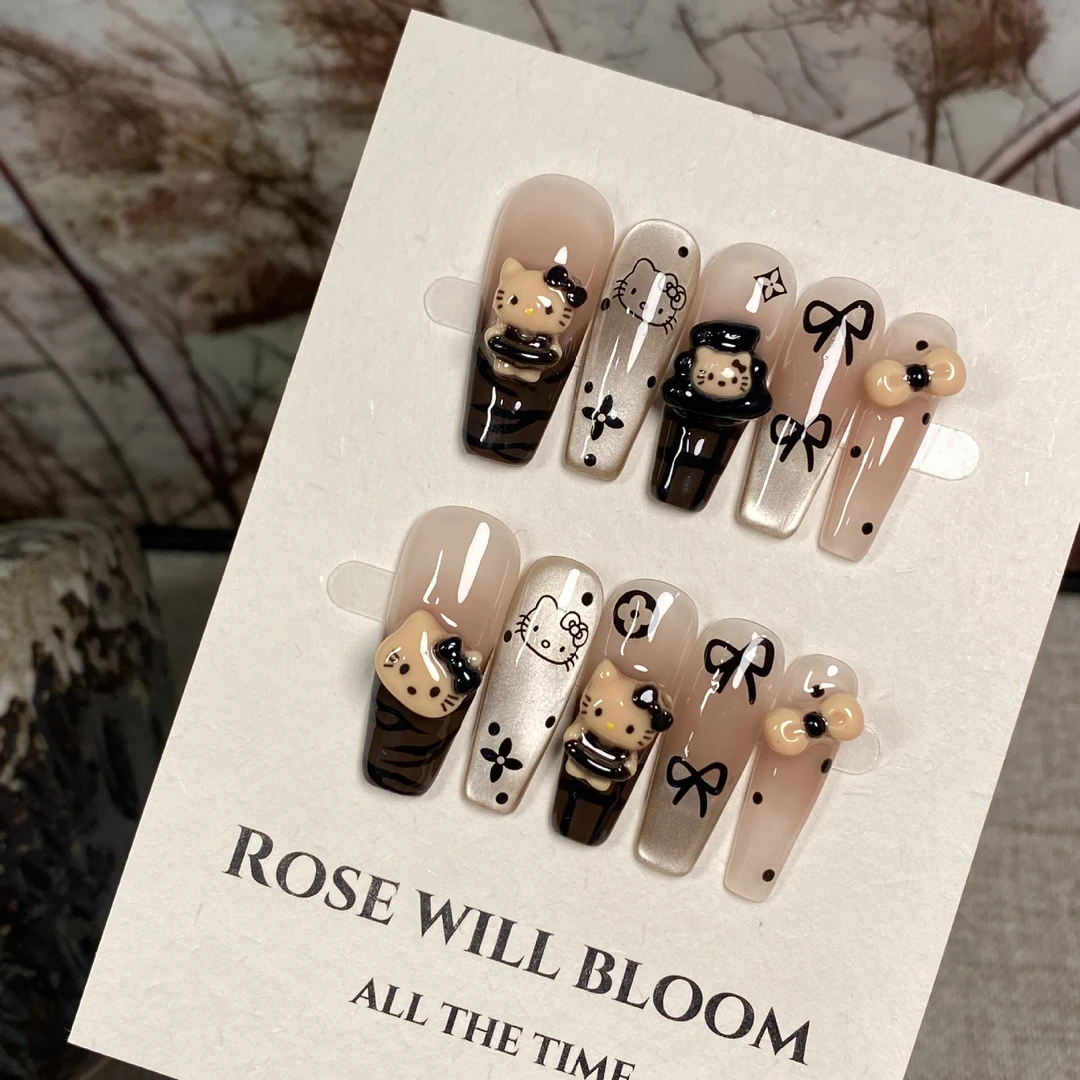 纯手工穿戴甲美拉德Kitty猫新款高级感秋冬美甲猫眼显白中长款