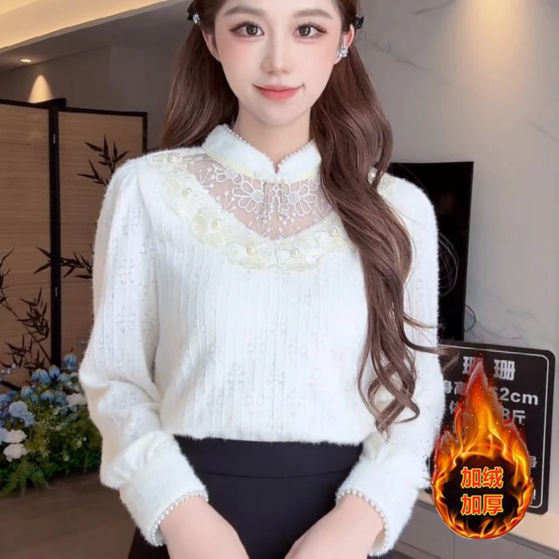 蕾丝秋冬季打底衫植绒百搭洋气打底加绒衫小衫长袖遮肚显瘦上衣女