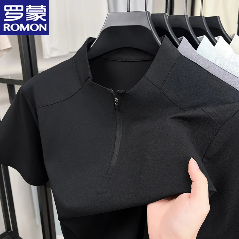罗蒙短袖T恤拉链立领男士2025夏季新款潮流运动t恤半袖上衣男速干