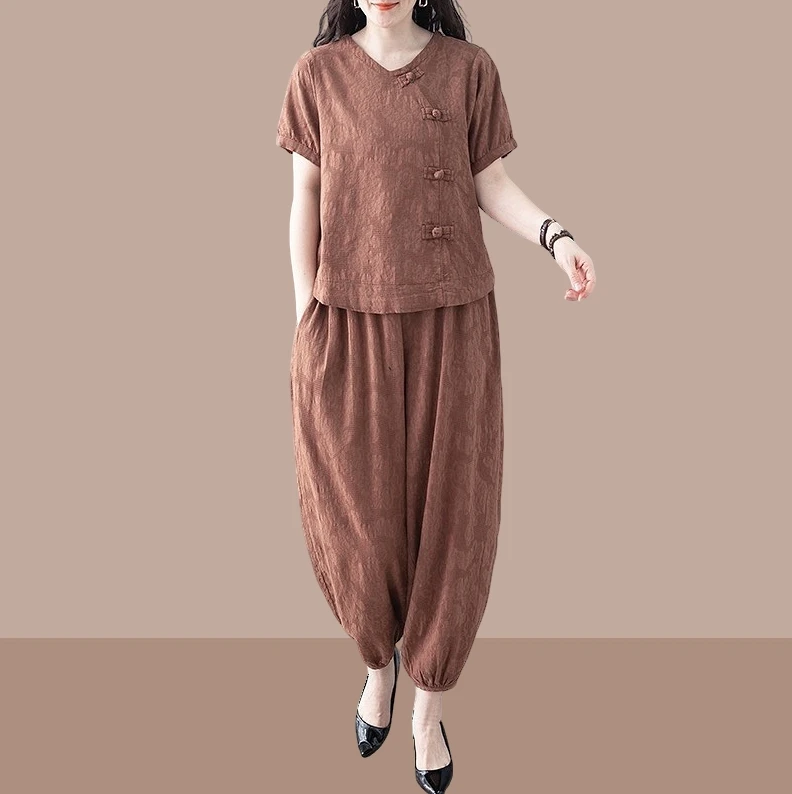 夏季新款复古时尚棉麻提花套装宽松显瘦休闲短袖上衣灯笼裤两件套