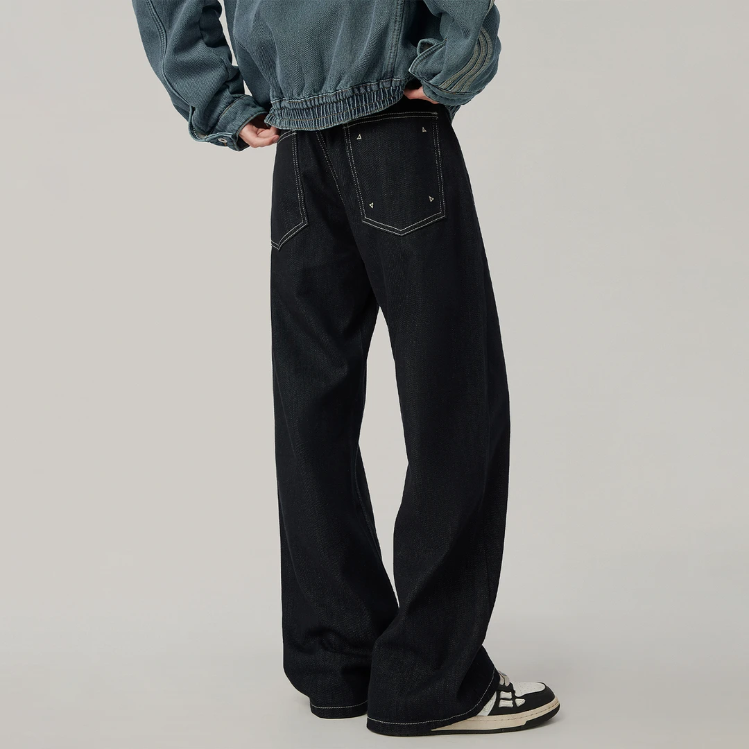秋季新款复古明线美式潮牌丹宁原色微喇牛仔裤男百搭阔腿拖地裤子
