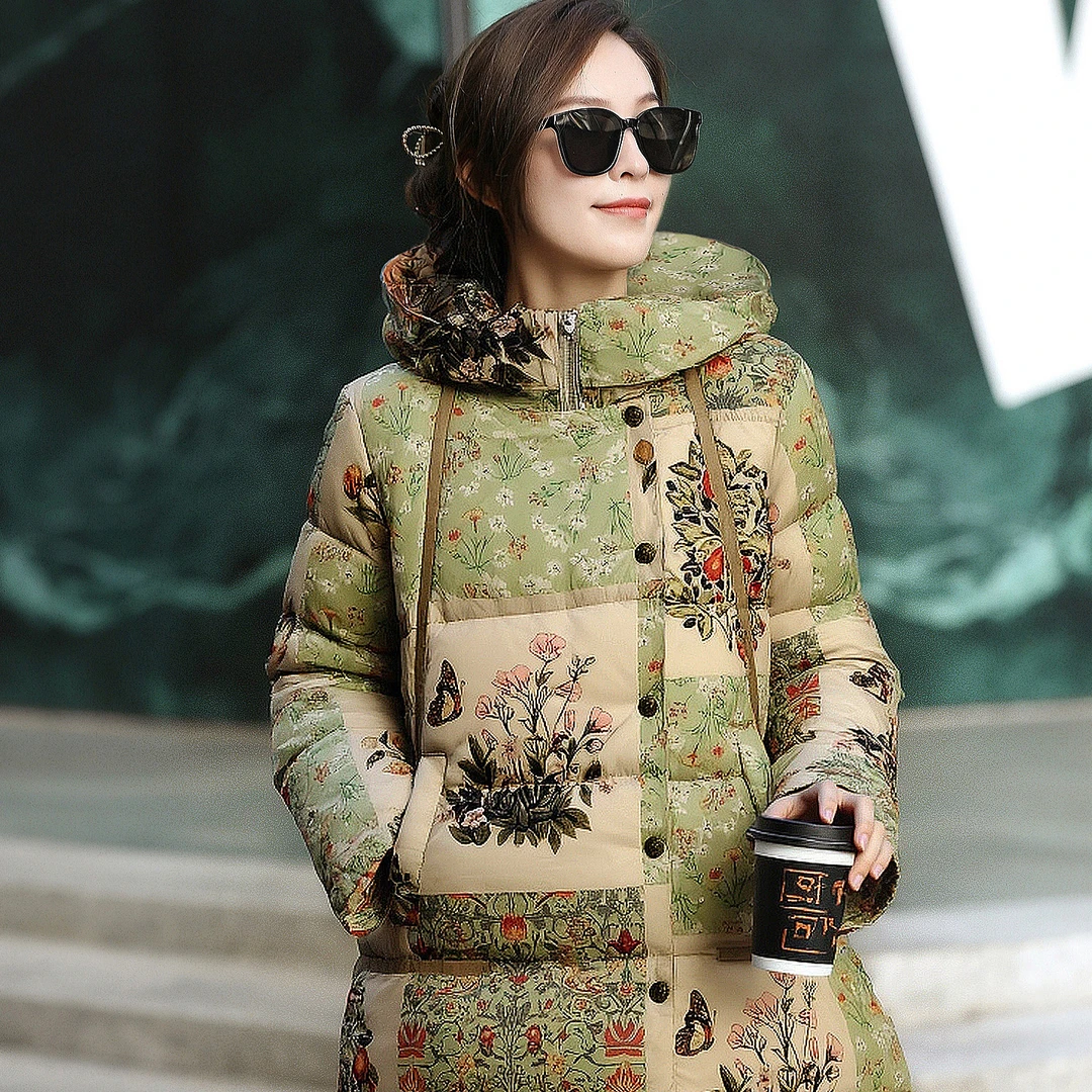 拜占庭的森林花卉中长款花色保暖长款女士气质连帽印花冬季羽绒服