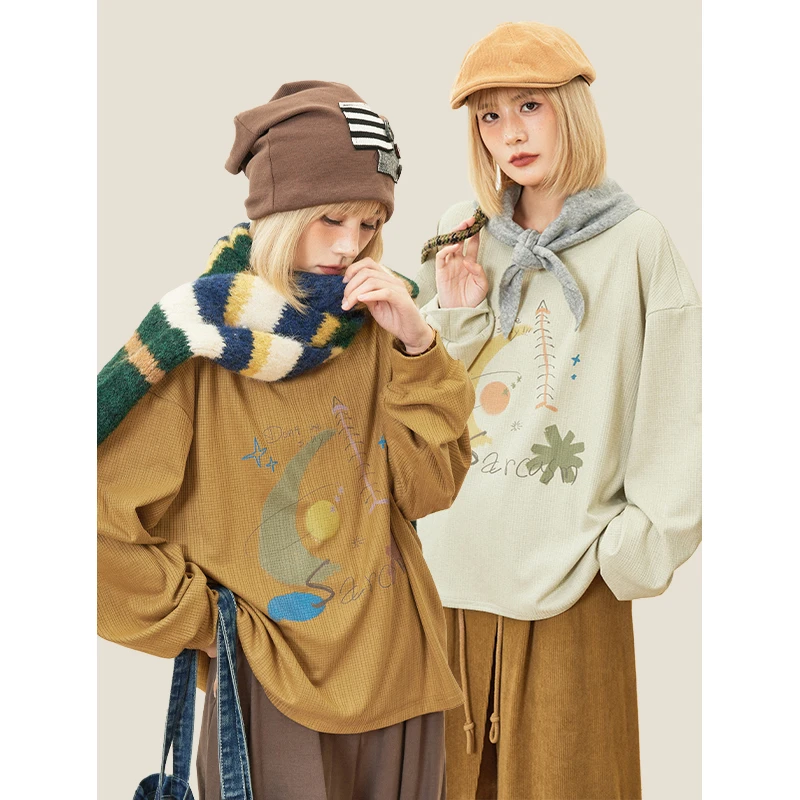 hothorse/火山马WY08162涂鸦印花圆领上衣秋冬百搭打底长袖T恤